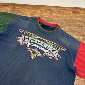 VTG Harley Davidson XL Multi Color Block Single Stitch Tshirt Widman Stratman